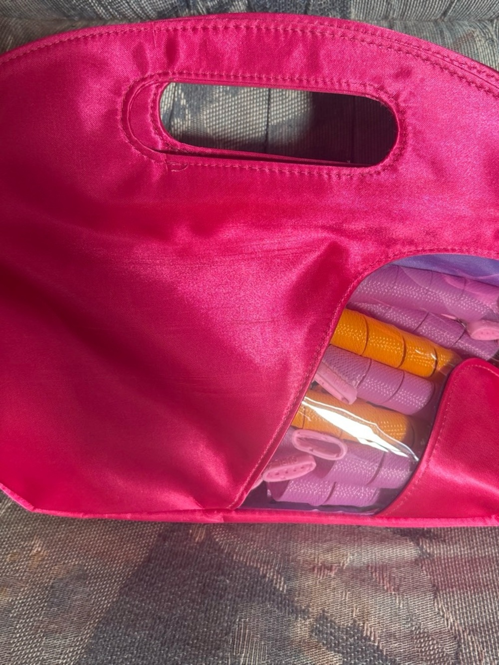 Hot Pink Satin Hair Roller Travel Case with Clear Pocket